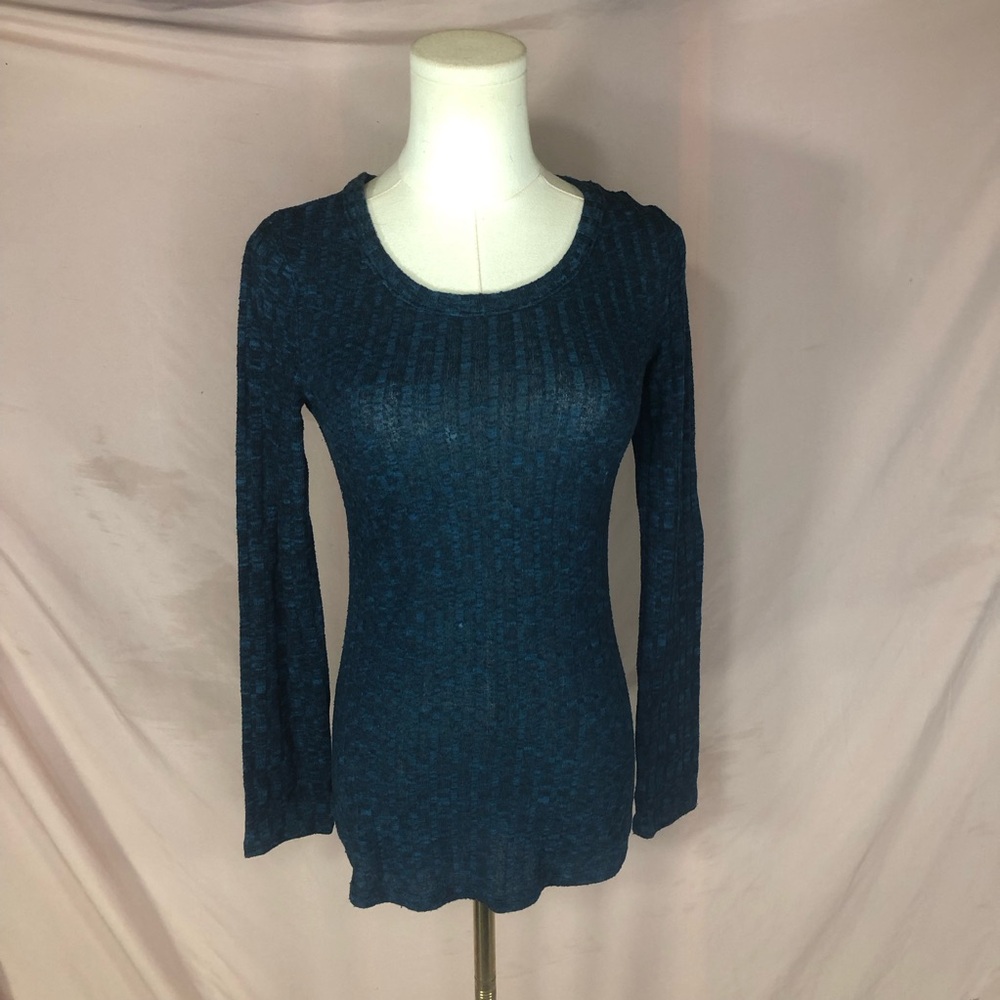 Women's Rib-Knit Long Sleeve Top Semi-Sheer- Deep Teal Blue Size Small